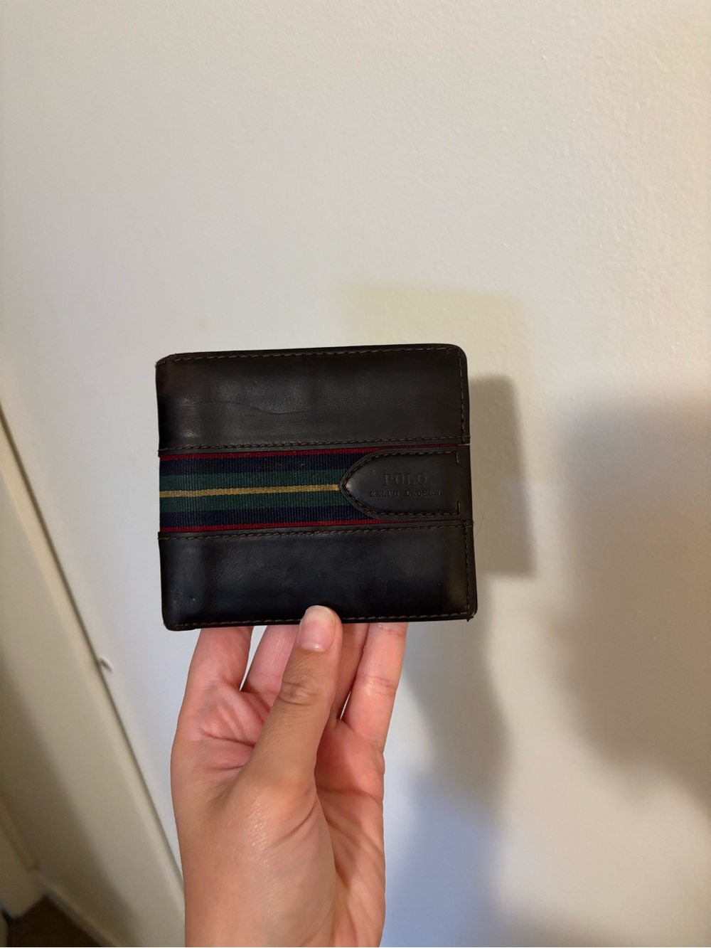 Polo by Ralph Lauren Black Leather Bifold Wallet with Green and Red Stripe